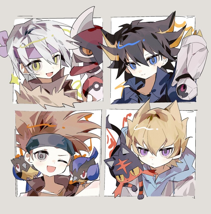 4boys ac_warlock alternate_color animal animal_on_shoulder beldum bird bird_on_shoulder bisharp black_hair blonde_hair blue_eyes blue_headband blue_hoodie blue_jacket brown_hair cat commentary crossover crow_hogan fudo_yusei gen_3_pokemon gen_5_pokemon gen_7_pokemon gen_8_pokemon green_eyes grey_eyes grey_hair hand_up headband highres holding holding_poke_ball hood hood_down hoodie jack_atlas jacket kiryu_kyosuke light_smile litten looking_at_viewer male_focus multicolored_hair multiple_boys nintendo one_eye_closed open_mouth poke_ball pokemon pokemon_(creature) purple_eyes purple_headband rookidee serious shiny_pokemon short_hair smile spiked_hair streaked_hair symbol-only_commentary upper_body yu-gi-oh! yu-gi-oh!_5d&#039;s
