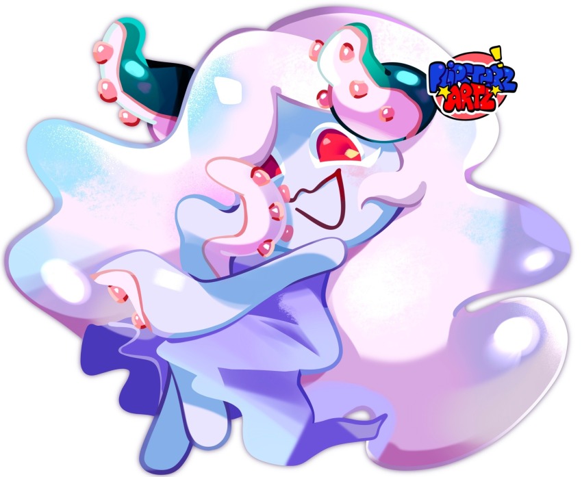 1girl bare_shoulders blue_skin colored_skin commentary cookie_run cookie_run:_kingdom dress english_commentary flipsterzartz full_body hand_on_own_face highres long_hair looking_at_viewer molly_(omori) monster_girl official_style omori open_mouth purple_dress red_eyes scylla simple_background sleeveless sleeveless_dress smile solo tentacle_hair tentacle_hands tentacles very_long_hair watermark wavy_hair white_background white_hair