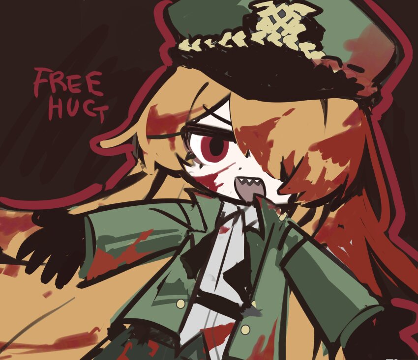 1girl absurdres black_gloves blood blood_in_hair blood_on_clothes blood_on_face blood_on_hat chibi collared_shirt cowboy_shot gloves green_hat green_jacket hair_over_one_eye hat highres ishmael_(project_moon) jacket limbus_company long_hair long_sleeves mts098 open_mouth orange_hair pequod_(identity)_(project_moon) project_moon red_eyes sharp_teeth shirt sidelocks smile solo teeth very_long_hair white_shirt