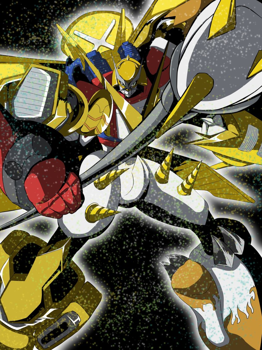 absurdres digimon digimon_(creature) digimon_xros_wars drill fusion highres microphone shoutmon_x7 solo spikes