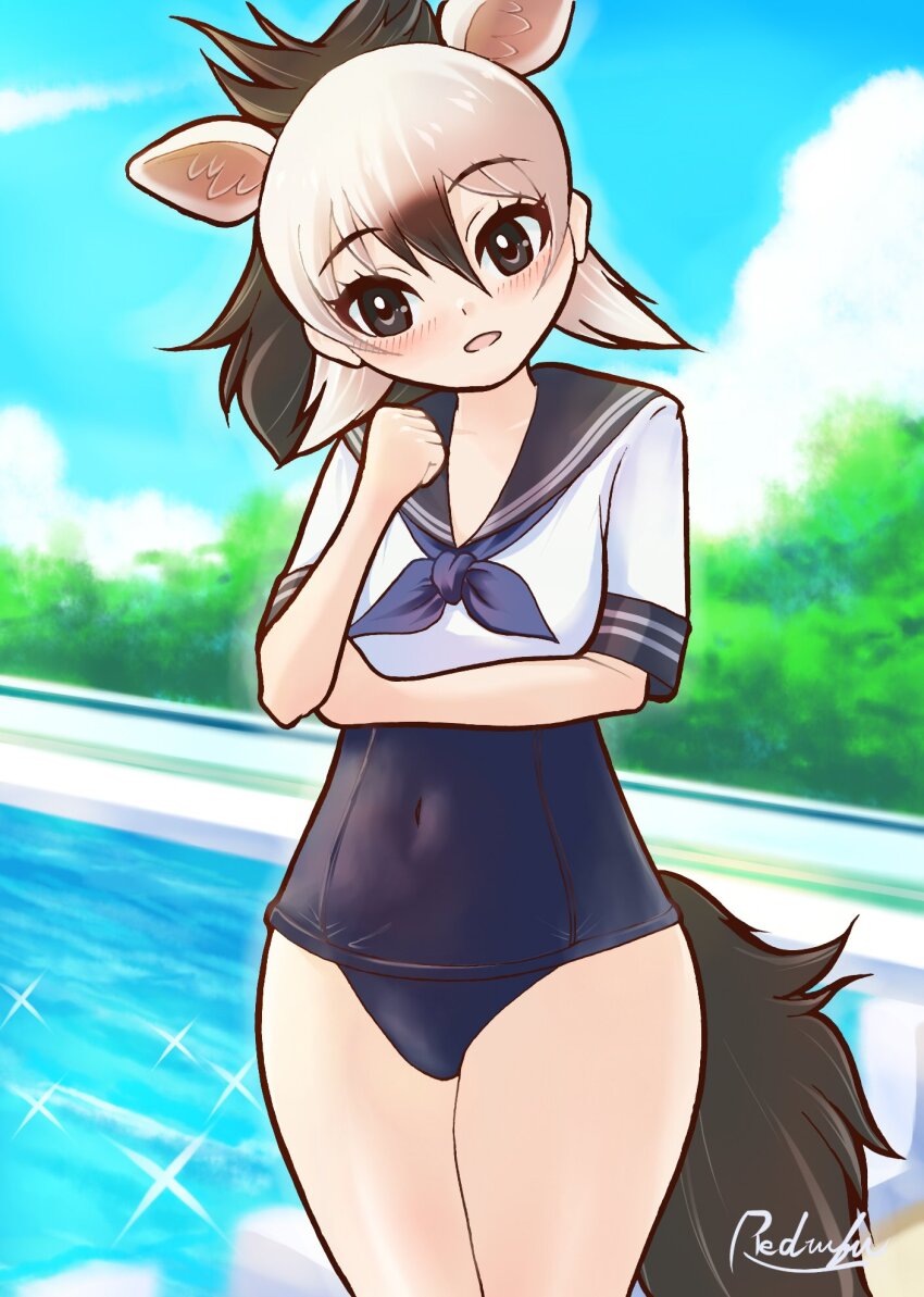 1girl aardwolf_(kemono_friends) animal_ears black_hair black_one-piece_swimsuit blush covered_navel extra_ears hair_between_eyes highres kemono_friends looking_at_viewer multicolored_hair neckerchief old_school_swimsuit one-piece_swimsuit open_mouth ponytail pool poolside redrufu2000 sailor_collar school_swimsuit school_uniform serafuku shirt smile solo swimsuit swimsuit_under_clothes tail two-tone_hair white_hair
