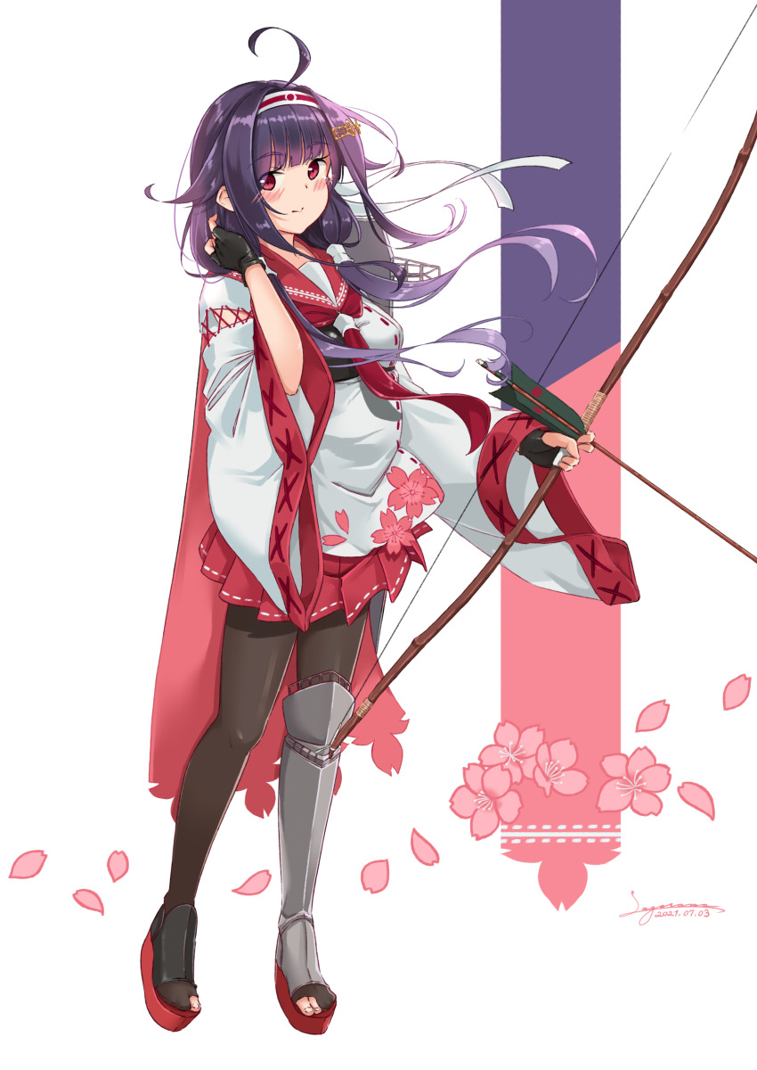 1girl absurdres arrow_(projectile) black_gloves black_pantyhose bow_(weapon) cherry_blossoms commentary dress flight_deck gloves hair_flaps hair_ornament hairband hakama hakama_short_skirt hakama_skirt highres japanese_clothes kantai_collection long_hair magatama muneate pantyhose partially_fingerless_gloves partly_fingerless_gloves petals pleated_dress purple_hair quiver red_eyes red_skirt ryuuhou_(kancolle) ryuuhou_kai_ni_(kancolle) sagoromo_04 school_uniform serafuku signature single_shin_guard skirt smile solo taigei_(kancolle) weapon whale_hair_ornament white_hairband yugake
