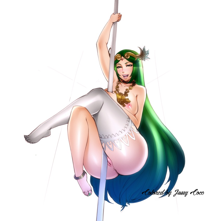 1girl absurdres anklet anus ass blush breasts cleft_of_venus curvy female_focus green_eyes green_hair highres jassycoco jewelry kid_icarus kid_icarus_uprising large_breasts lm_(legoman) long_hair matching_hair/eyes nail_polish necklace nintendo nipples nude open_mouth palutena pole pole_dancing pussy single_thighhigh smile solo stripper_pole thick_thighs thighhighs thighs tiara toenail_polish toenails uncensored very_long_hair white_thighhighs wide_hips