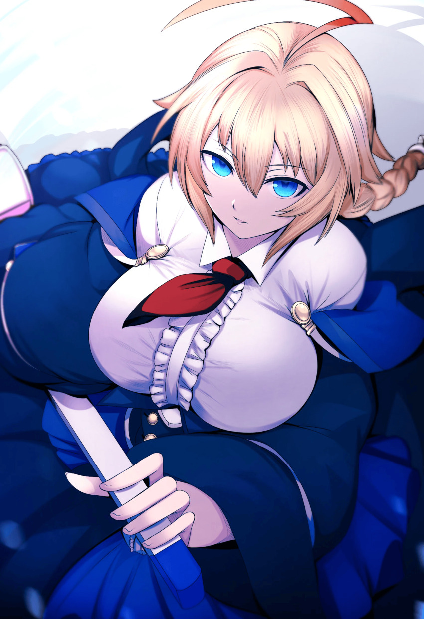 1girl ahoge arc_system_works artist_request blazblue blonde_hair blue_eyes blue_jacket blue_skirt braid breasts closed_mouth dress es_(xblaze) female_focus greatsword highres holding holding_sword holding_weapon jacket large_breasts long_hair long_sleeves looking_at_viewer necktie parted_lips puffy_long_sleeves puffy_sleeves red_necktie shortstack sidelocks skirt solo source_request sword teeth weapon xblaze