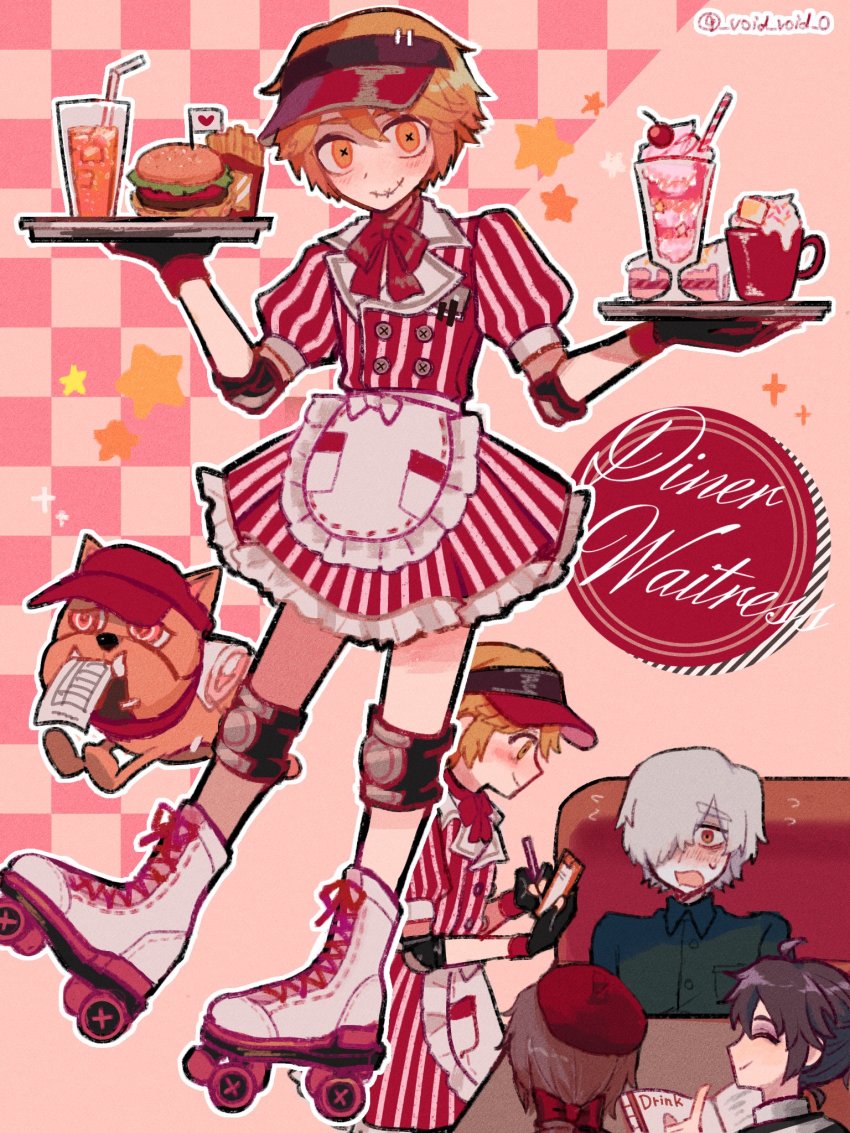 4boys ahoge andrew_kreiss apron artist_name beret black_gloves black_shirt blonde_hair blouse blush boots bow brown_hair burger buttons cake cake_slice casual cherry closed_eyes collared_shirt crossdressing cup diner dog drinking_glass edgar_valden elbow_pads english_text flying_sweatdrops food french_fries frilled_apron frilled_skirt frills fruit gloves hair_between_eyes hair_bow hair_over_one_eye hat heart highres holding identity_v knee_pads lace-up_boots luca_balsa male_focus menu mini_flag mouth_hold mug multiple_boys neck_ribbon notepad open_mouth orange_eyes parfait puffy_short_sleeves puffy_sleeves red_neckwear ribbon roller_skates shirt short_hair short_sleeves skates skirt skirt_set smile solo_focus star_(symbol) stitched_mouth stitches striped sweat symbol-shaped_pupils tendenbarabara tray twitter_username vertical_stripes victor_grantz visor waist_apron waitress white_footwear white_hair wick_(identity_v) x-shaped_pupils