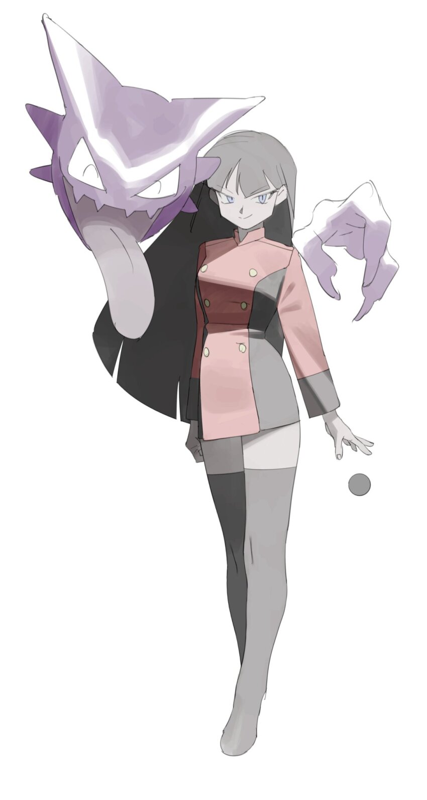 1girl black_hair black_thighhighs blunt_bangs closed_mouth dress full_body gen_1_pokemon haunter highres long_hair long_sleeves looking_at_viewer nintendo pokemon pokemon_(anime) pokemon_(classic_anime) pokemon_(creature) sabrina_(pokemon) simple_background skirt smile straight_hair thighhighs white_background zubuzubu_(gogo_zubu)