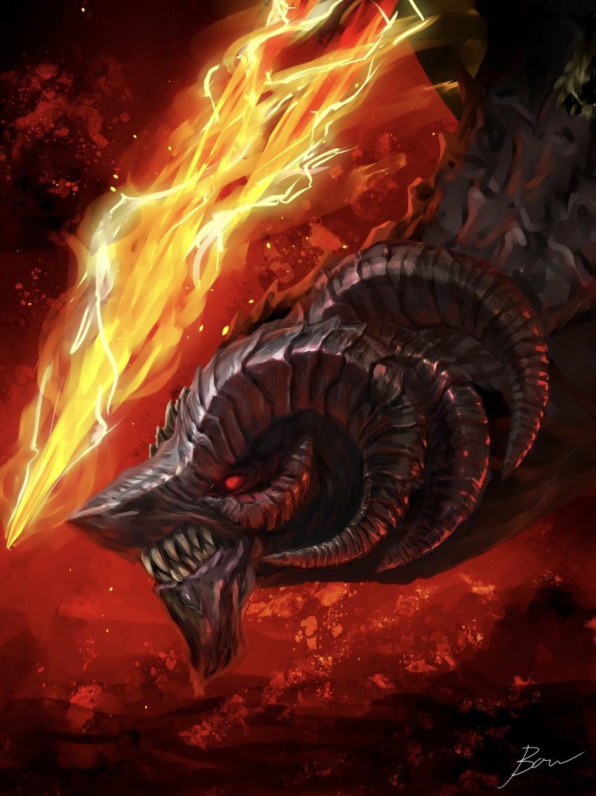 absurdres bayle_the_dread colored_sclera dragon elden_ring elden_ring:_shadow_of_the_erdtree electricity fantasy hanekura_bou highres horns monster multiple_horns no_humans red_background red_sclera scales sharp_teeth spectral teeth