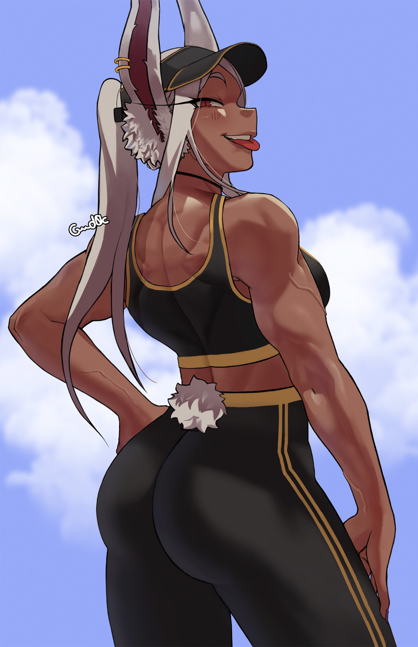1girl :p ass back blush boku_no_hero_academia brown_eyes cloud dark-skinned_female dark_skin eyelashes gud0c hand_on_own_hip high-waist_pants highres looking_at_viewer looking_back mirko muscular muscular_female pants ponytail rabbit_girl rabbit_tail slit smile solo sports_bra tail teeth tongue tongue_out veins visor_cap white_hair