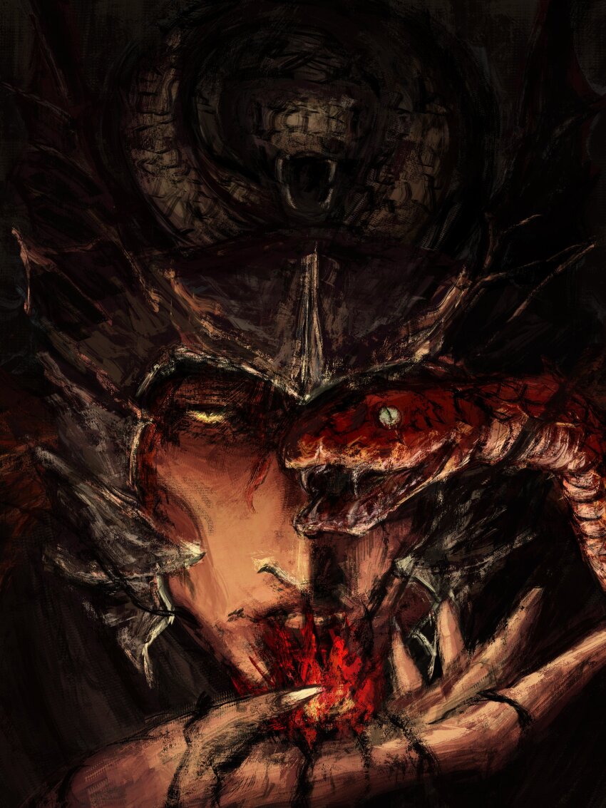 1boy absurdres armor black_snake elden_ring elden_ring:_shadow_of_the_erdtree facing_viewer fire helmet highres holding long_hair looking_at_viewer messmer_the_impaler ornate ornate_armor pyrokinesis red_hair red_robe red_snake robe satsu-strive slit_pupils snake solo winged_helmet yellow_eyes