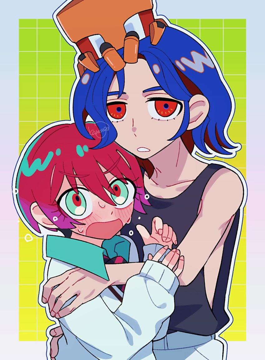 1boy 1girl amate_yuzuriha aqua_eyes blue_hair blush border collared_shirt colored_inner_hair conch_(gundam) grid_background gundam gundam_gquuuuuux highres hug karaage_bentou_(28grtm) long_sleeves looking_at_viewer lower_eyelashes_only multicolored_hair necktie non-humanoid_robot open_mouth red_eyes red_hair robot school_uniform shirt short_hair shuji_ito sleeveless sweat sweater tank_top two-tone_hair upper_body