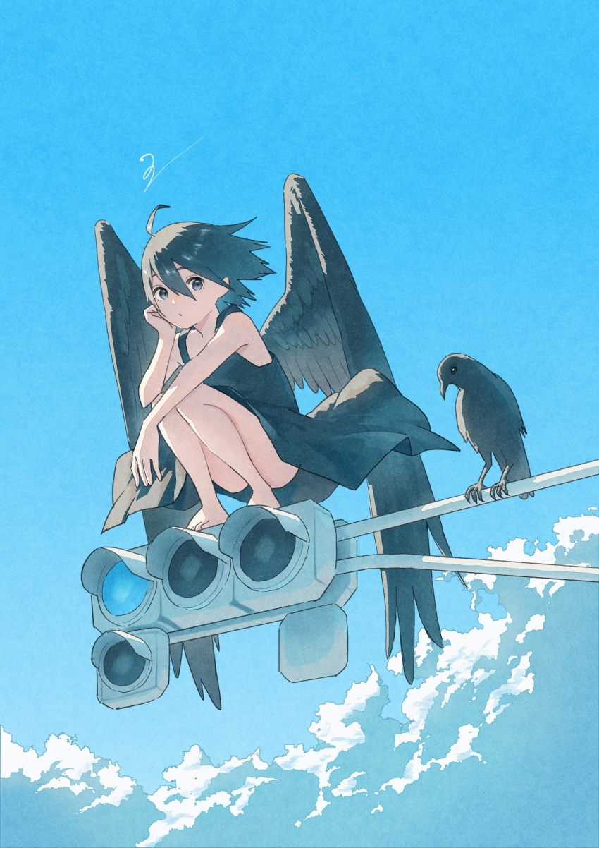 1girl ahoge arm_support ass bare_arms barefoot bird black_dress black_hair black_wings blue_sky cloud crow double-parted_bangs dress expressionless floating_clothes floating_hair grey_eyes hair_between_eyes hand_on_own_face highres ito_yoshi long_bangs original outstretched_arm short_hair sky sleeveless sleeveless_dress solo squatting traffic_light wide_shot wind wings