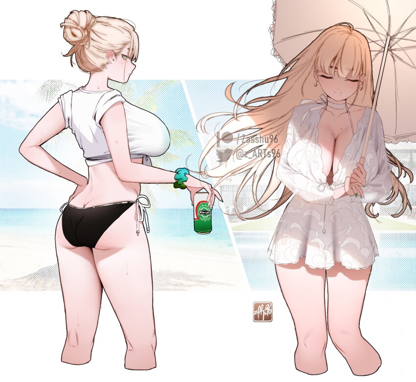 1girl artist_name ass black_panties blonde_hair blue_nails breasts butt_crack can cleavage closed_eyes closed_mouth commentary dress earrings english_commentary expressionless from_behind green_eyes hair_bun halterneck highres holding holding_can holding_umbrella jewelry large_breasts long_hair looking_at_viewer looking_back mole mole_on_breast mole_under_mouth original panties shirt short_dress simple_background standing sweat t-shirt thick_eyebrows umbrella underwear white_dress white_shirt zasshu