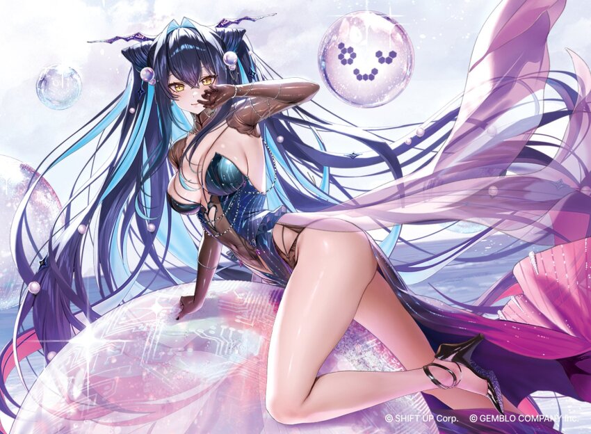 1girl black_hair blue_dress breasts bubble_hair_ornament cleavage commentary cone_hair_bun covered_navel dress goddess_of_victory:_nikke hair_between_eyes hair_bun hair_intakes hand_up high_heels highres large_breasts legs little_mermaid_(abyss_flower)_(nikke) little_mermaid_(nikke) long_hair looking_at_viewer multicolored_hair official_alternate_costume panties_visible_through_clothes ruhee smile solo thighs very_long_hair yellow_eyes