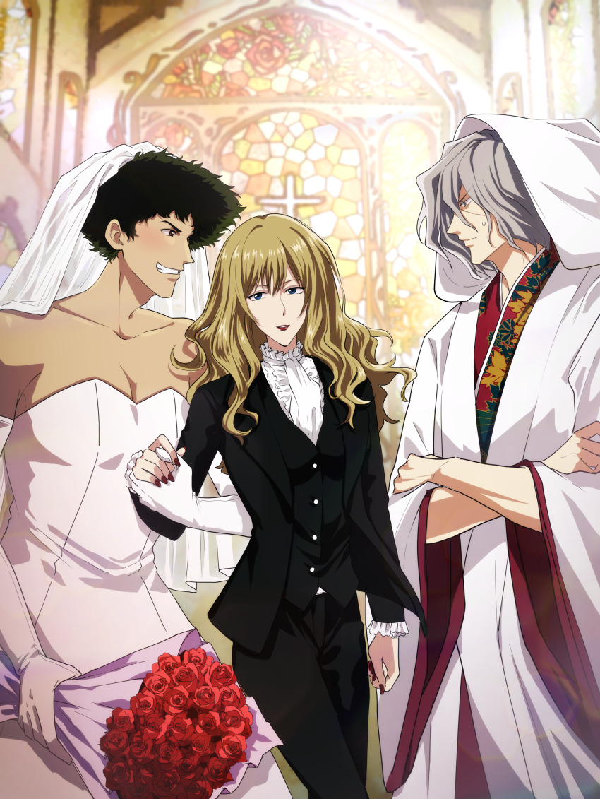 1girl 2boys absurdres blonde_hair bridal_veil bride brown_eyes church cowboy_bebop crossdressing dress flower formal_clothes green_hair grey_hair hetero highres holding_hands japanese_clothes julia_(cowboy_bebop) leslievernon love_triangle multiple_boys non-web_source rose spike_spiegel suit veil vicious_(cowboy_bebop) wedding_dress