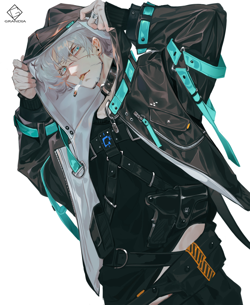 1boy adjusting_hood artist_name black_pants black_shirt blue_eyes chest_harness chinese_commentary cigarette collar commentary_request crossdraw_holster earrings facial_hair grandia_lee gun hands_up harness highres hood hood_up hooded_jacket jacket jewelry long_sleeves looking_at_viewer male_focus open_clothes open_jacket original pants parted_lips ring scar scar_on_face shirt short_hair silver_hair simple_background smoking solo stubble stud_earrings upper_body weapon white_background