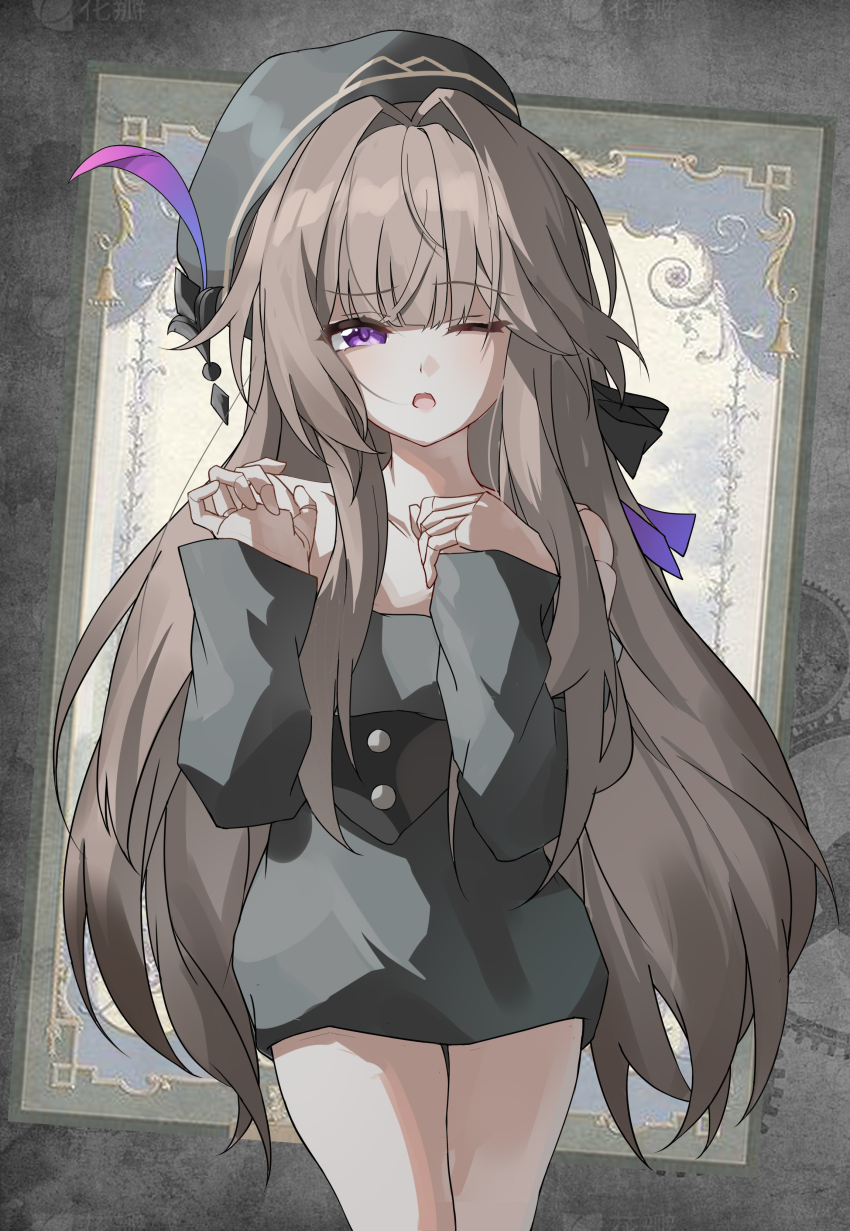 1girl absurdres alternate_costume black_hat black_shirt brown_hair commentary_request cowboy_shot doll_joints evzeva hat herta_(honkai:_star_rail) herta_(puppet)_(honkai:_star_rail) highres honkai:_star_rail honkai_(series) joints long_hair looking_at_viewer off-shoulder_shirt off_shoulder one_eye_closed open_mouth purple_eyes shirt solo