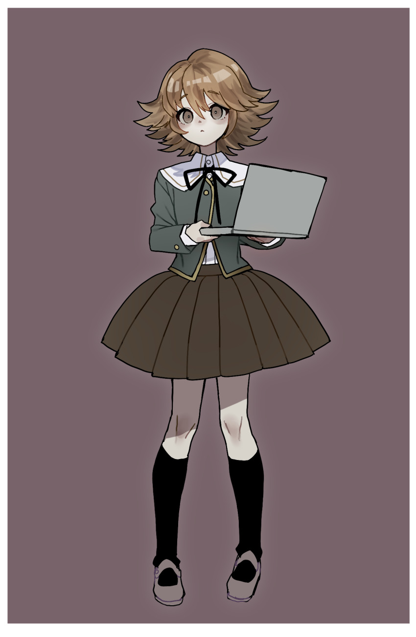 1boy :&lt; black_ribbon black_socks blush border brown_background brown_eyes brown_hair brown_shoes brown_skirt computer crossdressing danganronpa:_trigger_happy_havoc danganronpa_(series) dot_nose flipped_hair fujisaki_chihiro full_body green_jacket hair_between_eyes highres holding holding_laptop jacket laptop male_focus mary_janes neck_ribbon ribbon sen_(aypj8447) shirt shoes skirt socks thighs trap white_border white_shirt