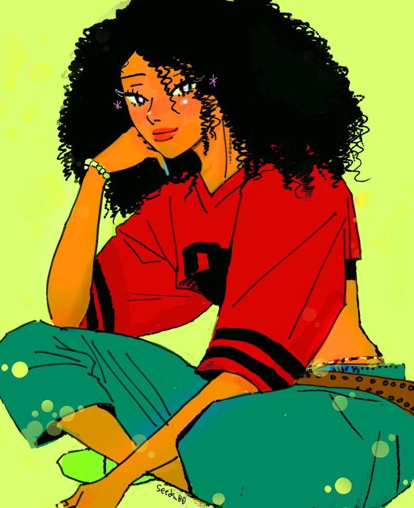 1girl black_hair blue_pants bracelet commentary_request crop_top curly_hair dark-skinned_female dark_skin fluffy_hair green_shoes head_on_hand highres jewelry katseye korean_commentary manon_(katseye) pants real_life red_lips red_shirt seeds_00 shirt shoes signature sitting smile solo yellow_background