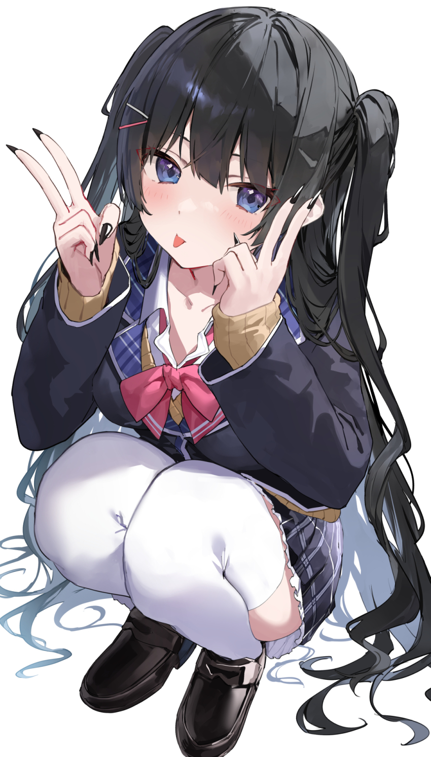 1girl amagasa_yun black_hair black_jacket black_nails black_shoes black_skirt blazer blue_eyes bow bowtie breasts brown_sweater collared_shirt double_v fingernails frilled_skirt frills hair_ornament hairclip hands_up highres jacket loafers long_hair looking_at_viewer miniskirt nail_polish nijisanji plaid_clothes plaid_skirt pleated_skirt school_uniform sharp_fingernails shirt shoes simple_background skirt small_breasts solo squatting sweater sweater_under_jacket thighhighs tongue tongue_out tsukino_mito two_side_up undershirt v very_long_hair virtual_youtuber white_background white_shirt white_thighhighs wing_collar
