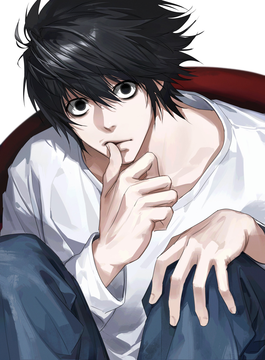 1boy absurdres bags_under_eyes black_eyes black_hair death_note denim finger_in_own_mouth finger_to_mouth hair_between_eyes hand_on_own_knee highres jeans l_(death_note) long_sleeves looking_at_viewer male_focus muksal pants shirt short_hair simple_background solo thumb_to_mouth white_background white_shirt