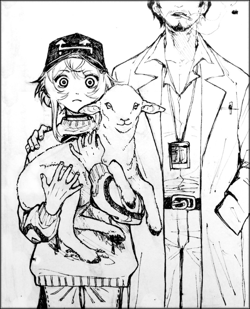 2boys absurdres amayado_rei amemura_ramuda animal baby_animal baseball_cap belt_buckle buckle choker cigarette collared_shirt commentary cowboy_shot english_commentary eyes_out_of_frame facial_hair hand_in_pocket hand_on_another&#039;s_shoulder hat head_out_of_frame height_difference highres holding holding_animal hypnosis_mic lab_coat lamb lanyard lapels light_frown looking_at_viewer male_focus multiple_boys notched_lapels object_in_pocket partially_unbuttoned pectoral_cleavage pectorals pen_in_pocket pocket sheep shirt shirt_tucked_in short_hair short_hair_with_long_locks smoking sweater traditional_media wide-eyed xamitra