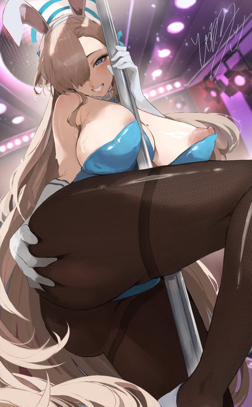 1girl animal_ears areola_slip ass asuna_(blue_archive) asuna_(bunny)_(blue_archive) bare_shoulders blonde_hair blue_archive blue_eyes blue_leotard blue_ribbon blush breasts brown_pantyhose cleavage detached_collar elbow_gloves fake_animal_ears gloves grabbing_own_ass grin hair_over_one_eye hair_ribbon halo highleg highleg_leotard highres large_breasts leotard long_hair looking_at_viewer nipple_slip nipples pantyhose playboy_bunny rabbit_ears ribbon smile solo thighband_pantyhose thighs tomochi_(tmc_tmc8) very_long_hair white_gloves