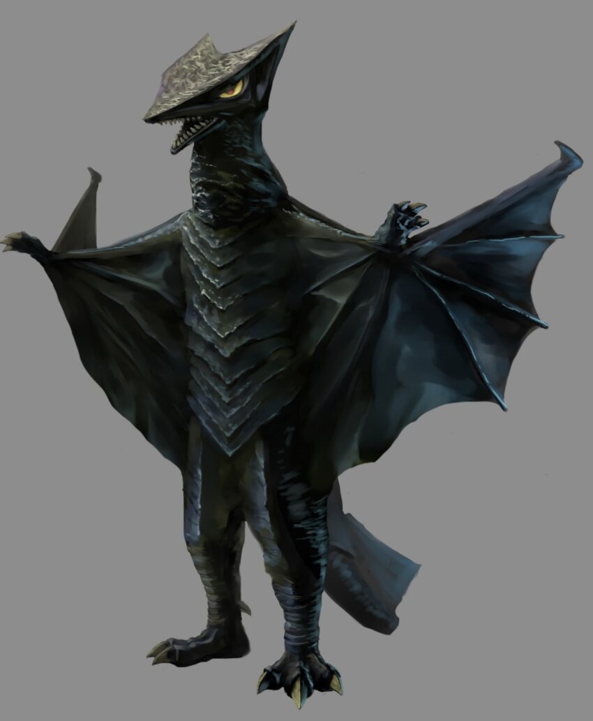 claws colored_sclera daiei_motion_picture fins fish_tail gamera_(series) gamera_vs._gyaos giant giant_monster grey_background gyaos highres kaiju monster no_humans open_mouth red_eyes sharp_teeth simple_background tail talons teeth tongue ultra-taf wings yellow_sclera
