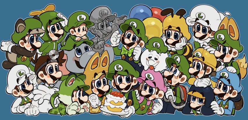 animal_costume animal_ears animal_hood baby_luigi balloon bee_luigi blue_background blue_eyes blue_hat blue_overalls boo_(mario) boo_luigi bow bowtie brown_hair bubble_luigi builder_luigi cake cat_costume cat_ears cat_luigi cat_tail cloud_luigi colored_skin crowd dr._luigi dr._luigi_(game) dr._mario_(game) elephant elephant_luigi facial_hair fire_luigi flying_squirrel_luigi food fox_luigi ghost gloves green_bow green_bowtie green_hat green_shirt grey_skin hat helmet highres holding holding_cake holding_food holding_plate hood ice_luigi kitsune kitsune_luigi long_sleeves looking_at_another luigi luigi&#039;s_mansion male_focus mario_(series) metal_luigi mimimi_(mimimim9999) multiple_boys mustache new_super_mario_bros._u_deluxe new_super_mario_bros._wii nintendo open_mouth overalls penguin_costume penguin_hood penguin_luigi pink_hat pink_shirt plate shirt super_mario_3d_land super_mario_3d_world super_mario_bros._wonder super_mario_maker super_mario_maker_2 super_mario_odyssey tail white_gloves white_hat white_shirt