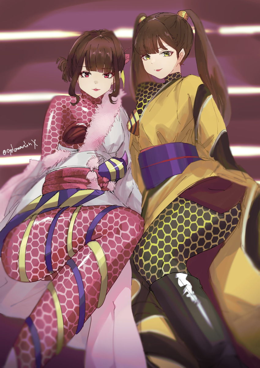 2girls absurdres aguilera_(kamen_rider_revice) black_footwear brown_hair cycloneactionx hachi_augment_01 highres japanese_clothes kamen_rider kamen_rider_revice kimono looking_at_viewer medium_hair multiple_girls pink_kimono queen_bee_deadman red_eyes shin_kamen_rider thighs tokusatsu twintails twitter_username yellow_kimono