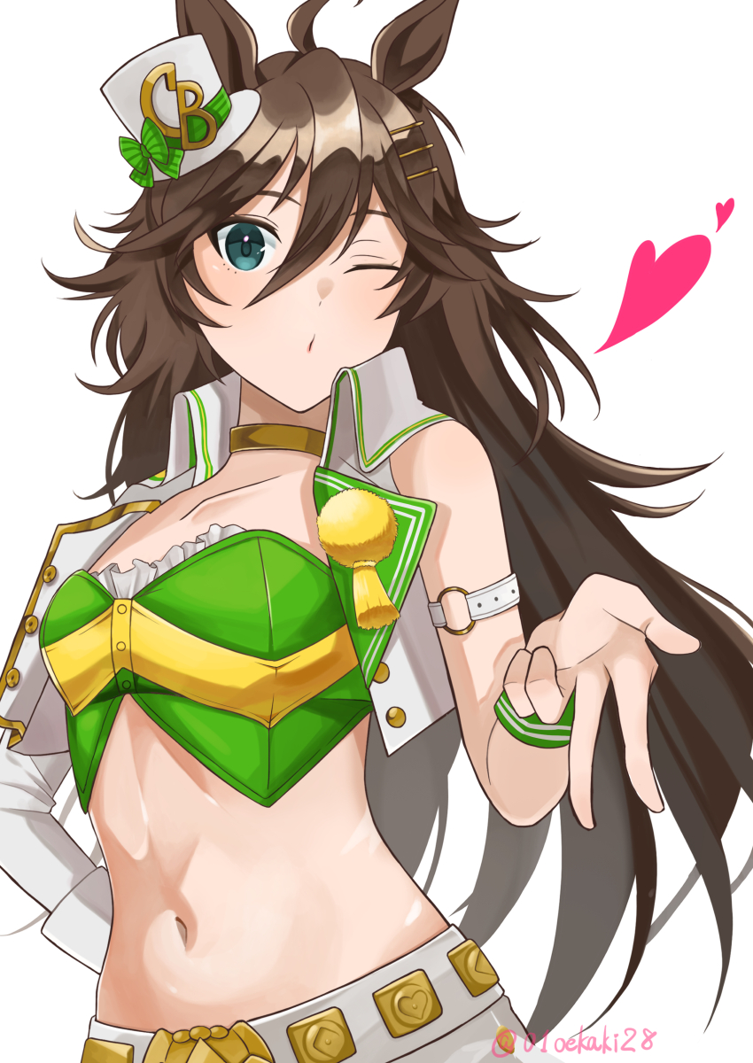 1girl absurdres ahoge animal_ears arm_strap blowing_kiss breasts brown_hair buttons cropped_jacket cropped_shirt green_shirt hat heart highres horse_ears horse_girl jacket long_hair looking_at_viewer midriff mini_hat mini_top_hat mr._c.b._(umamusume) navel norimi_(01norimi28) one_eye_closed open_clothes open_jacket shirt simple_background single_sleeve small_breasts solo top_hat umamusume upper_body white_hat white_jacket
