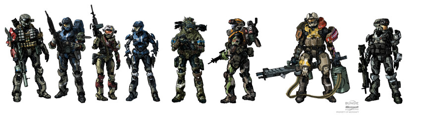 1other 2girls 5boys absurdres ammunition_backpack ammunition_belt armor assault_visor battle_rifle black_armor black_visor blue_armor br55 bullpup carter-a259 catherine-b320 combat_knife concept_art copyright_notice emile-a239 ghillie_suit grenade_launcher gun halo:_reach halo_(series) helmet highres holding holding_gun holding_weapon holster isaac_hannaford jorge-052 jun-a266 knife machine_gun multicolored_armor multiple_boys multiple_girls noble_team_(halo) official_art orange_armor orange_visor prosthesis prosthetic_arm red_armor rifle rosenda-a344 shoulder_armor spartan-b312 spartan_(halo) standing the_magnificent_seven thom-a293 weapon white_armor white_background yellow_armor