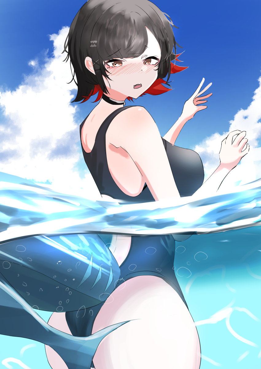 1girl absurdres alternate_costume ass black_choker black_hair black_one-piece_swimsuit blue_sky blush breasts choker cloud commentary ellen_joe fins fish_tail hair_ornament highres igatarou large_breasts looking_at_viewer mole mole_under_eye one-piece_swimsuit open_mouth red_eyes red_hair shark_girl shark_tail short_hair sky solo swimsuit tail water zenless_zone_zero