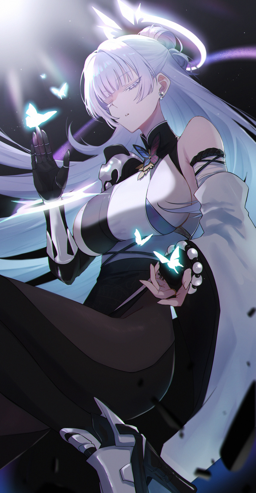 1girl absurdly_long_hair absurdres ankle_boots bare_shoulders bead_bracelet beads black_pantyhose boots bracelet breasts bug butterfly closed_eyes colored_eyelashes commentary_request detached_sleeves goddess_of_victory:_nikke high_heel_boots high_heels highres insect jewelry large_breasts long_hair mechanical_arms meditation nayuta_(nikke) neu_(musyoku-neet) pantyhose sideboob single_mechanical_arm single_sleeve solo very_long_hair white_eyelashes white_hair