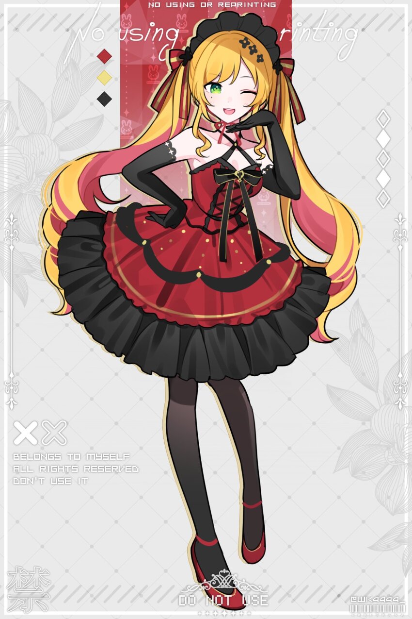 1girl alternate_costume black_gloves black_pantyhose blonde_hair commentary_request dress elbow_gloves full_body gloves green_eyes highres long_hair multicolored_dress nijisanji nijisanji_kr one_eye_closed pantyhose red_dress red_footwear seffyna solo swept_bangs twintails virtual_youtuber waka_(wk4444)