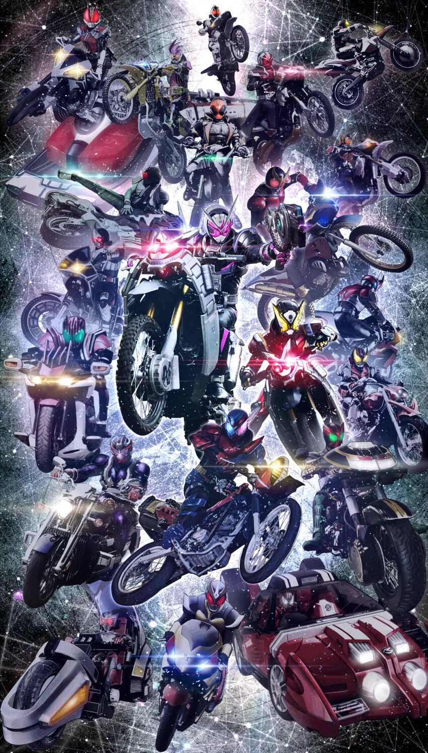 6+boys absurdres armor belt black_armor black_bodysuit black_gloves blue_eyes bodysuit boots car compound_eyes driving everyone full_armor full_body gloves glowing glowing_eyes gold_armor green_eyes helmet highres holding holding_weapon hood hooded_jacket horns jacket kamen_rider kamen_rider_555 kamen_rider_agito kamen_rider_agito_(series) kamen_rider_blade kamen_rider_blade_(series) kamen_rider_build kamen_rider_build_(series) kamen_rider_dcd kamen_rider_decade kamen_rider_den-o kamen_rider_den-o_(series) kamen_rider_double kamen_rider_drive kamen_rider_drive_(series) kamen_rider_ex-aid kamen_rider_ex-aid_(series) kamen_rider_faiz kamen_rider_fourze kamen_rider_fourze_(series) kamen_rider_gaim kamen_rider_gaim_(series) kamen_rider_geiz kamen_rider_ghost kamen_rider_ghost_(series) kamen_rider_hibiki kamen_rider_hibiki_(series) kamen_rider_kabuto kamen_rider_kabuto_(series) kamen_rider_kiva kamen_rider_kiva_(series) kamen_rider_kuuga kamen_rider_kuuga_(series) kamen_rider_ooo kamen_rider_ooo_(series) kamen_rider_ryuki kamen_rider_ryuki_(series) kamen_rider_w kamen_rider_wizard kamen_rider_wizard_(series) kamen_rider_zi-o kamen_rider_zi-o_(series) looking_at_viewer male_focus masukudo_(hamamoto_hikaru) motor_vehicle motorcycle multiple_boys on_motorcycle red_armor red_eyes rider_belt scarf shoulder_armor tailcoat tokusatsu weapon yellow_eyes