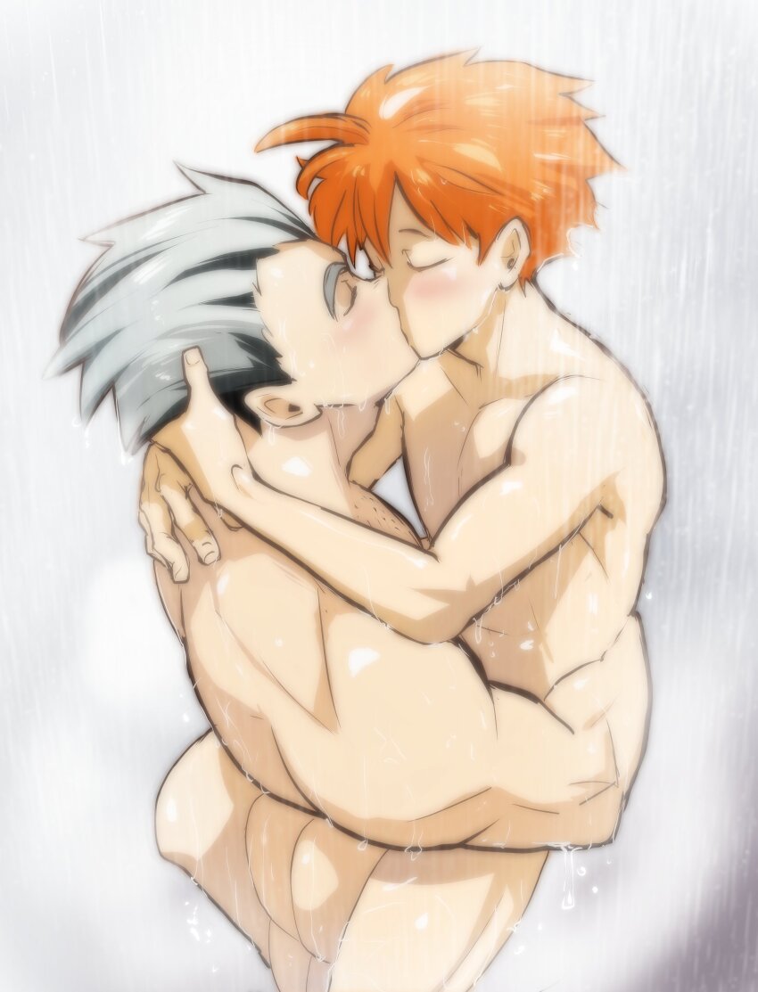 2boys absurdres ahoge ass blush bokuto_koutarou carrying carrying_person closed_eyes commentary completely_nude english_commentary haikyuu!! hand_on_another&#039;s_head highres hinata_shouyou idoraad indoors kiss male_focus multicolored_hair multiple_boys nude orange_hair redrawn shower_(place) streaked_hair two-tone_hair yaoi