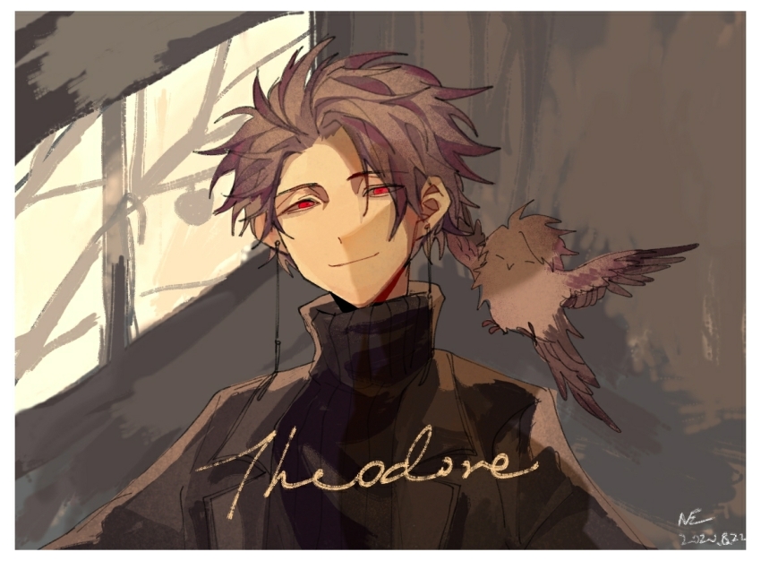 1boy animalization beiquqian bird black_jacket black_sweater border character_name chinese_commentary closed_mouth commentary_request dated earrings grey_background jacket jewelry lapels looking_at_viewer male_focus multicolored_hair notched_lapels open_clothes open_jacket person_and_animalization pink_hair purple_hair red_eyes ribbed_sweater saibou_shinkyoku short_hair signature smile sweater theodore_riddle turtleneck turtleneck_sweater two-tone_hair upper_body white_border