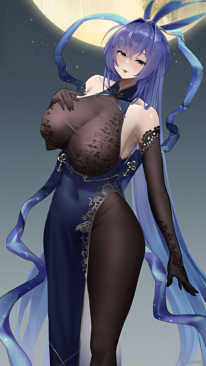 1girl absurdly_long_hair absurdres azur_lane bare_shoulders black_gloves blue_dress blue_eyes blue_hair bodystocking breasts china_dress chinese_clothes cleavage covered_navel dress elbow_gloves feet_out_of_frame framed_breasts full_moon gloves hair_rings hand_on_own_chest highres huge_breasts irkawaza lace lace-trimmed_gloves lace_trim long_hair looking_at_viewer moon new_jersey_(azur_lane) new_jersey_(dancing_in_the_moonlight)_(azur_lane) official_alternate_costume official_alternate_hairstyle print_dress purple_hair see-through_cleavage see-through_clothes solo very_long_hair