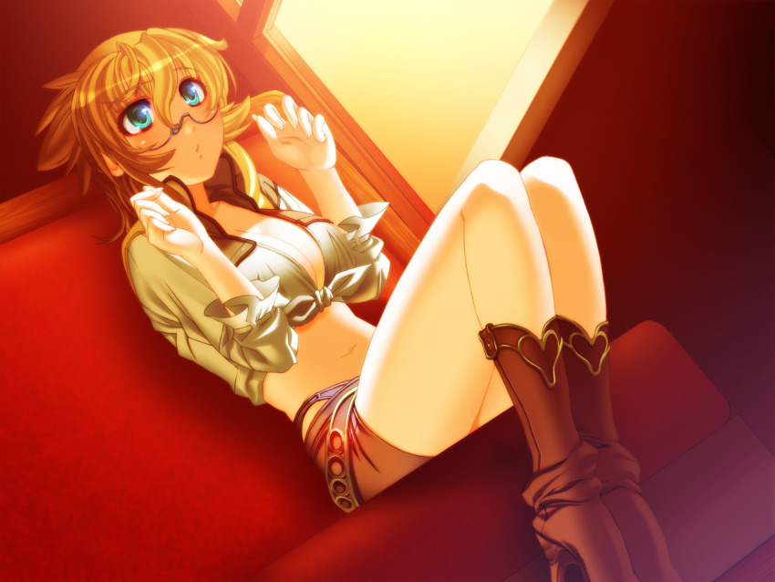 1girl aqua_eyes blonde_hair boots breasts brown_boots brown_shorts cleavage collarbone crop_top demonbane dutch_angle game_cg glasses grey-framed_eyewear hair_between_eyes high_heel_boots high_heels knee_boots large_breasts leica_(demonbane) long_hair midriff navel nishii_(damnedrive) official_art semi-rimless_eyewear shirt short_shorts shorts sitting solo stomach tied_shirt train_interior under-rim_eyewear white_shirt