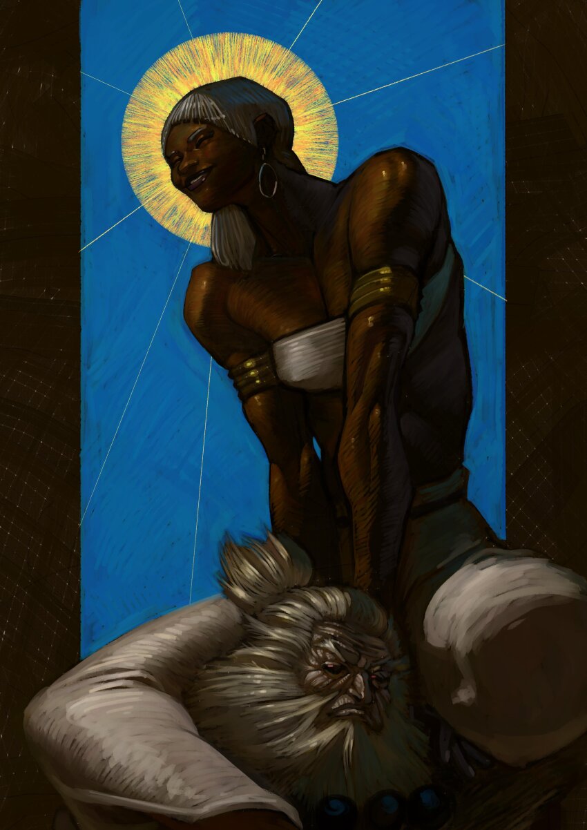 akuma_(street_fighter) beads beard blue_sky bra dark-skinned_female dark-skinned_male dark_skin earrings elena_(street_fighter) facial_hair friends jewelry ninigiovanini paint pants ponytail prayer_beads red_eyes ring short_hair sitting sitting_on_person sky smile street_fighter street_fighter_6 underwear white_hair white_pants