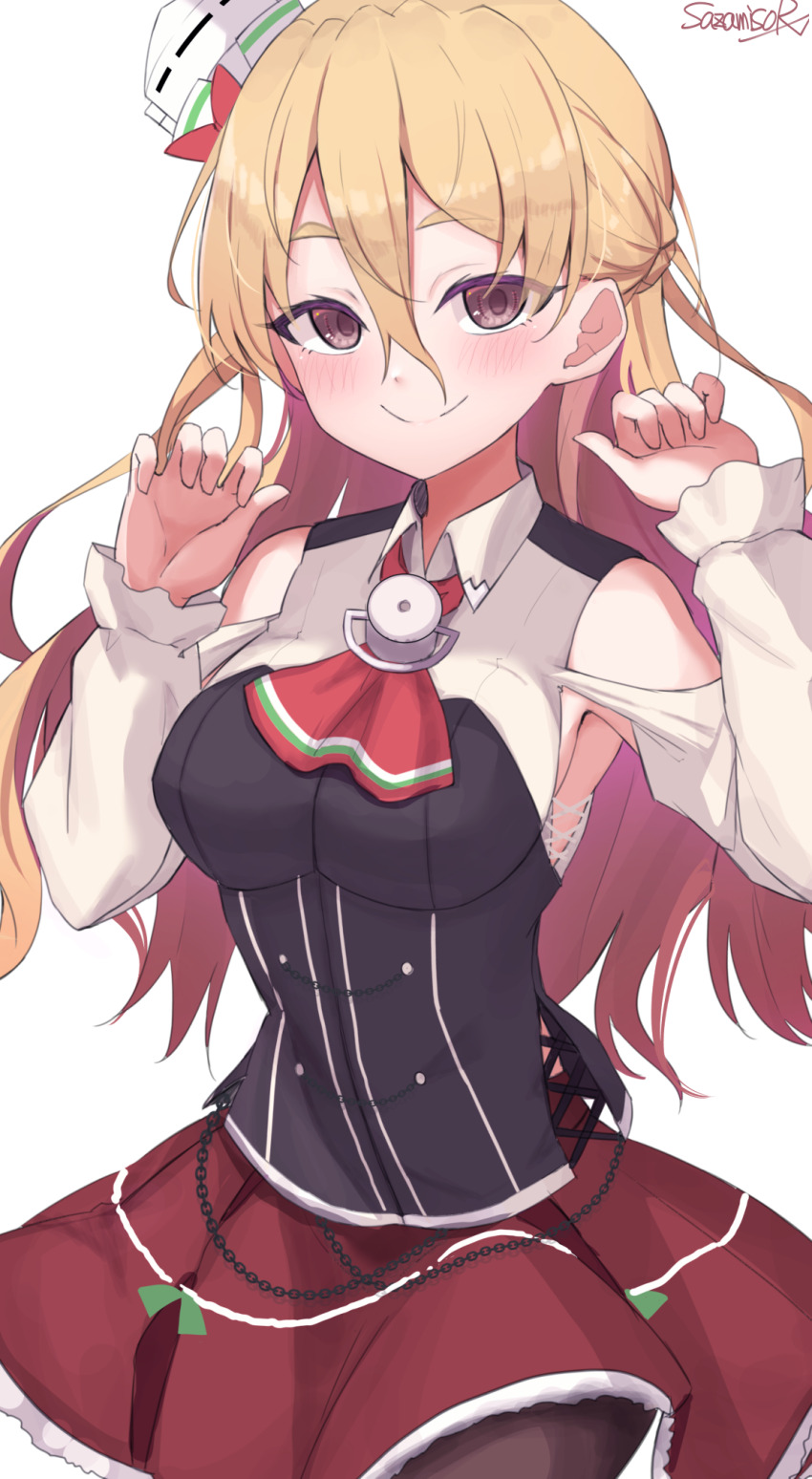 1girl black_corset blonde_hair blush brown_eyes closed_mouth corset cowboy_shot hair_between_eyes hat highres kantai_collection long_hair long_sleeves red_skirt sazamiso_rx simple_background skirt smile solo white_background white_hat zara_(kancolle)