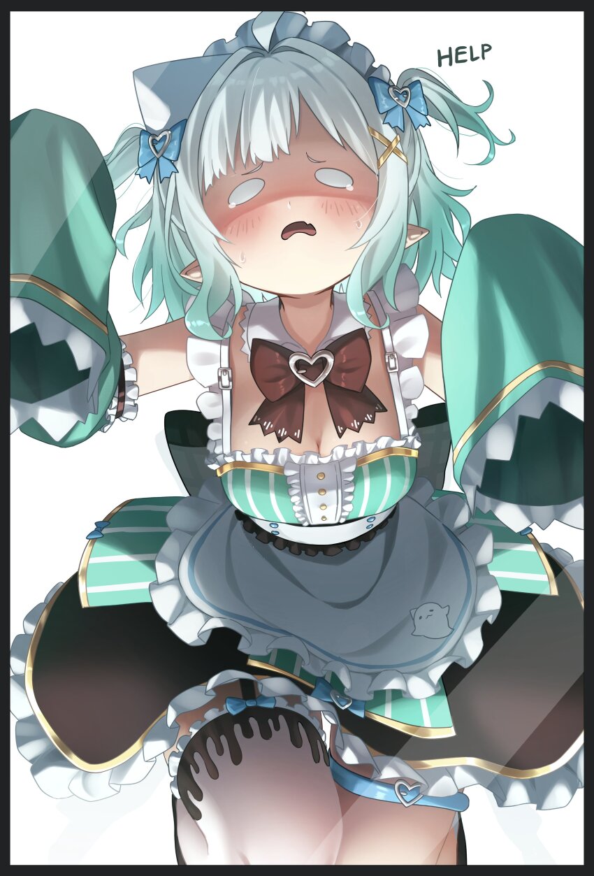 1girl absurdres apron aqua_dress aqua_hair black_skirt blue_eyes bow breasts brown_bow cleavage detached_collar dress fang frilled_skirt frills ghostenjoyerguy7007 gradient_hair grey_hair highres indie_virtual_youtuber maid_apron maid_headdress medium_breasts mint_fantome mint_fantome_(minto_2.0) multicolored_hair open_mouth pointy_ears single_thighhigh skin_fang skirt sleeves_past_fingers sleeves_past_wrists solo thighhighs triangular_headpiece two_side_up virtual_youtuber waist_apron white_apron white_thighhighs