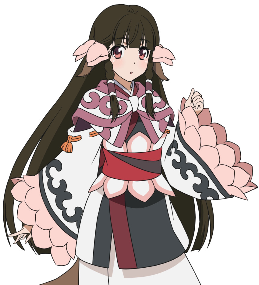 1girl ainu_clothes animal_ears aquaplus arm_up blush braid breasts brown_hair clenched_hand cowboy_shot dress frilled_sleeves frills gradient_eyes hair_ornament hair_ribbon highres long_hair long_sleeves looking_at_viewer multicolored_eyes nakata_masahiko official_art open_mouth raised_eyebrows red_eyes ribbon rulutieh sidelocks small_breasts solo standing tail transparent_background utawarerumono utawarerumono:_futari_no_hakuoro utawarerumono:_itsuwari_no_kamen very_long_hair white_fox_(company) wide_sleeves