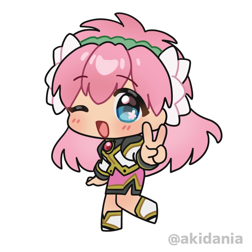 1girl ;d absurdres angel_wing_uniform blue_eyes chibi flower full_body galaxy_angel green_hairband hair_flower hair_ornament hairband highres kitaru long_hair looking_at_viewer milfeulle_sakuraba monocle_chain one_eye_closed open_mouth pencil_skirt pink_hair skirt smile solo twitter_username v white_background