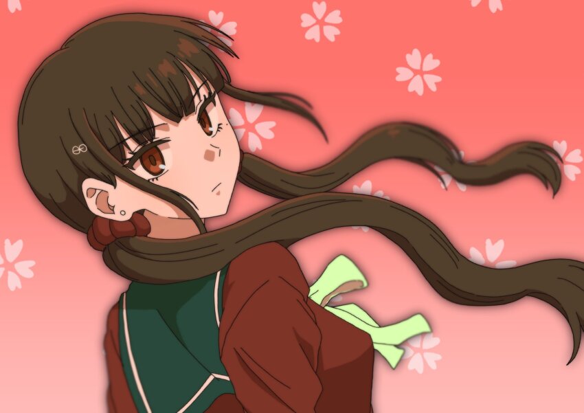 1girl breasts brown_hair closed_mouth danganronpa_(series) danganronpa_v3:_killing_harmony earrings gradient_background green_sailor_collar hair_ornament hair_scrunchie hairclip harukawa_maki highres jewelry long_hair looking_at_viewer mole mole_under_eye red_background red_eyes red_scrunchie red_shirt sailor_collar scrunchie shirt small_breasts solo tansug_(tansuk88)