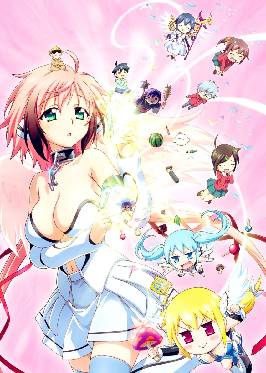 3boys 6+girls :&gt; astraea_(sora_no_otoshimono) bare_shoulders black_hair blonde_hair blue_eyes blue_hair breasts card center_opening chain chibi collar fairy_wings feathered_wings food fruit gradient_hair green_eyes hair_ornament hairclip highres holding holding_card holding_mushroom holding_staff ikaros kazane_hiyori large_breasts mace metal_collar mini_person mini_person_on_head mitsuki_sohara multicolored_hair multiple_boys multiple_girls mushroom navel nymph_(sora_no_otoshimono) oregano_(sora_no_otoshimono) parted_lips pencil pink_hair pink_wings red_eyes robot_ears sakura_tomozou sakurai_tomoki satsukitane_mikako school_uniform sora_no_otoshimono spiked_bat spiked_mace spikes staff sugata_eishirou sweatdrop tomoko_(sora_no_otoshimono) watanabe_yoshihiro watermelon weapon white_wings wings