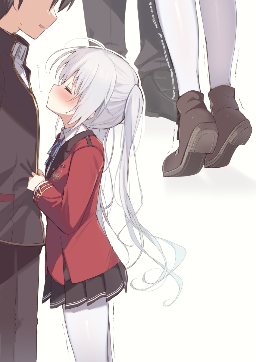 1boy 1girl absurdres black_jacket black_pants black_shoes black_skirt brown_shoes closed_eyes collared_shirt commentary cowboy_shot faceless faceless_male flat_chest fortune_arterial from_side hasekura_kouhei height_difference highres jacket kiss long_hair long_sleeves motion_lines multiple_views neck_ribbon open_mouth pants pantyhose pleated_skirt puckered_lips red_jacket ribbon school_uniform shirt shoes skirt standing takepoison tiptoe_kiss tiptoes tougi_shiro trembling twintails very_long_hair white_background white_hair white_pantyhose white_shirt