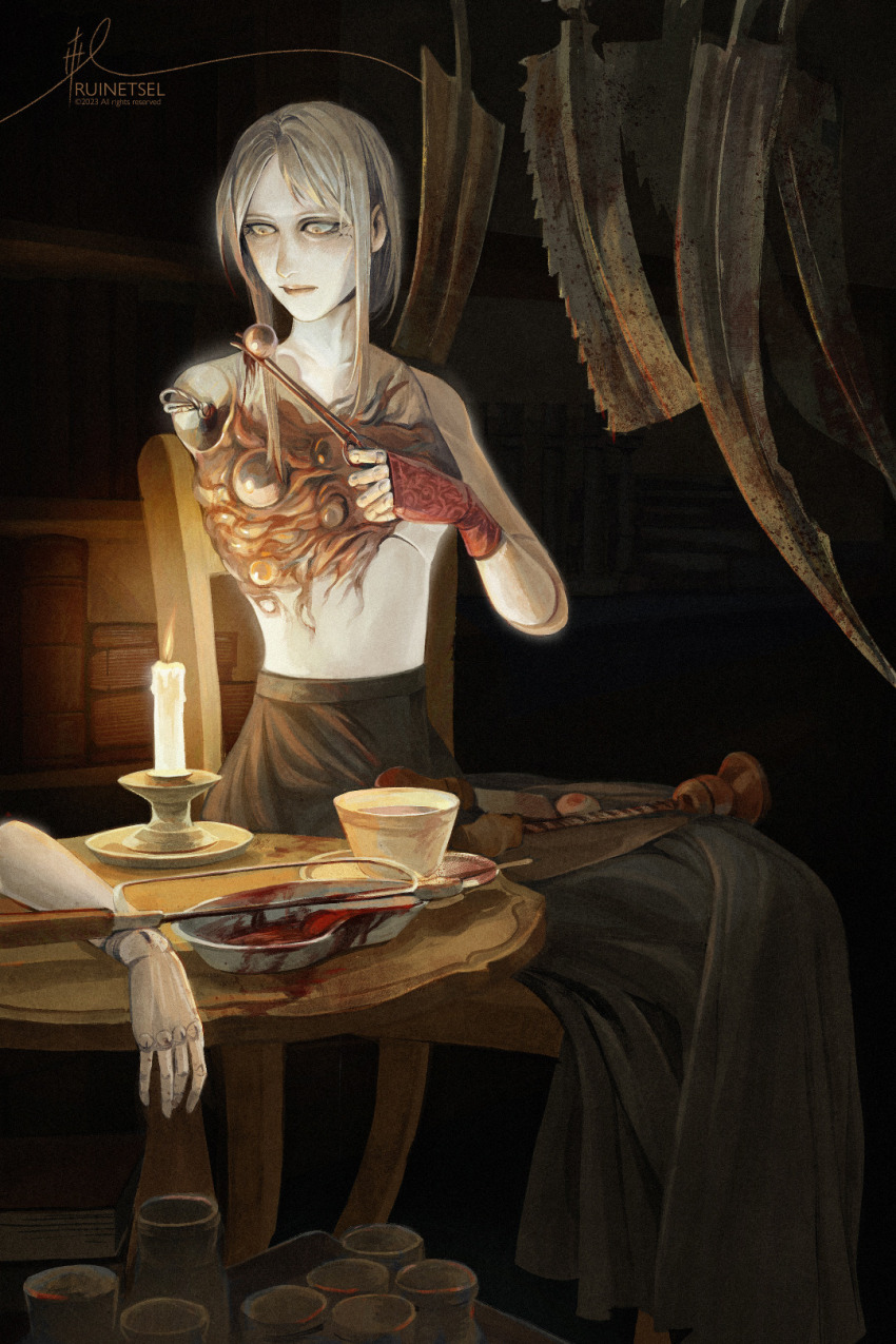 1girl artist_name black_skirt blood bloodborne body_horror bookshelf candle candlelight chair colored_skin commentary cracked_skin cup detached_arm doll_joints eldritch_abomination english_commentary eyeball highres horror_(theme) joints long_skirt monster_girl plain_doll ruinetsel saw signature sitting skirt surgery surgical_scissors table teacup topless_female white_hair white_skin