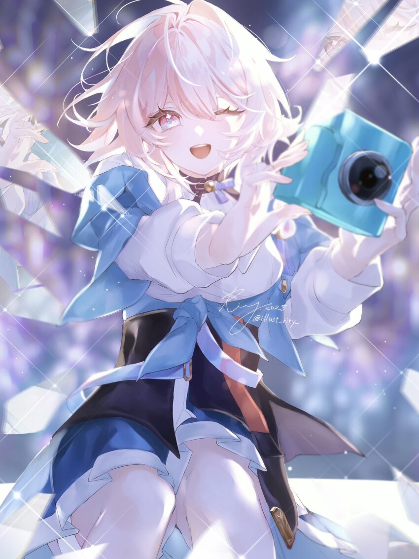 1girl 2025 black_choker black_corset blue_skirt bra_strap breasts camera choker corset flower_ornament hashtag-only_commentary highres holding holding_camera honkai:_star_rail honkai_(series) illust_riry jacket long_sleeves march_7th_(honkai:_star_rail) march_7th_(preservation)_(honkai:_star_rail) medium_breasts medium_hair miniskirt off-shoulder_jacket off_shoulder one_eye_closed open_mouth pink_eyes pink_hair shirt signature sitting skirt smile solo teeth tied_jacket twitter_username underbust upper_teeth_only white_shirt