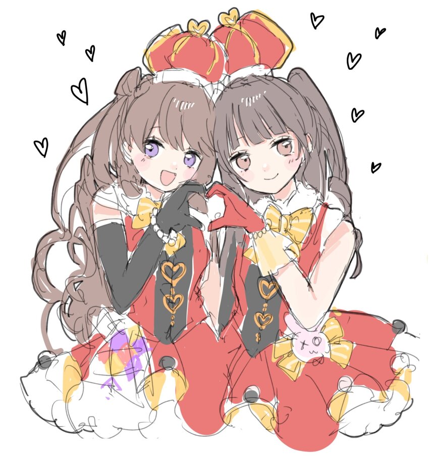 2girls :d animification arched_crown asymmetrical_gloves bare_shoulders black_gloves bow-shaped_hair brown_hair closed_mouth commentary_request crown dress elbow_gloves fujishima_megumi gloves heart highres link!_like!_love_live! long_hair love_live! mismatched_gloves momoi_shigeki multiple_girls open_mouth purple_eyes real_life red_crown red_dress red_gloves short_dress single_elbow_glove sleeveless sleeveless_dress smile tsukine_kona two_side_up uneven_gloves virtual_youtuber voice_actor voice_actor_connection zenhoi_kyun